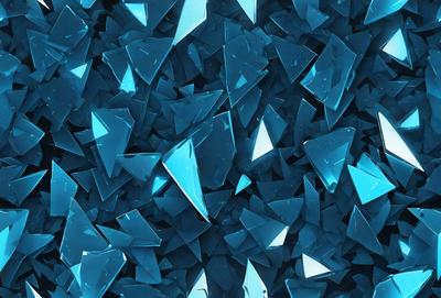 The primary subject of the image is a large number of blue glass shards or pieces, which are scattered throughout the scene. The setting appears to be a dark blue background, which contrasts with the bright blue glass pieces. The visual style of the image is a close-up of the glass pieces, showcasing their unique shapes and textures. The colors and mood of the image are predominantly blue, creating a sense of depth and intrigue.