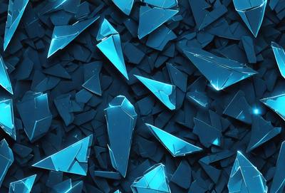The primary subject of the image is a collection of blue glass shards or broken glass pieces. The setting is a blue background, which creates a striking contrast with the blue glass. The visual style is a close-up of the glass pieces, showcasing their unique shapes and textures. The colors and mood of the image are predominantly blue, giving it a calm and serene atmosphere.