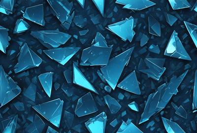 The primary subject of the image is a blue background with a pattern of blue glass shards or broken glass pieces. The setting is a dark blue background, which contrasts with the blue glass shards. The visual style is digital art, as the glass shards are created using digital tools. The colors and mood of the image are predominantly blue, giving it a calm and serene atmosphere.