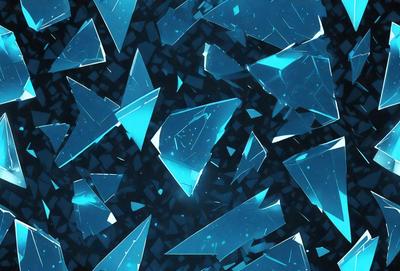 The primary subject of the image is a collection of blue glass shards or broken glass pieces. The setting is a dark background, which contrasts with the blue glass pieces. The visual style is a close-up of the glass pieces, creating a sense of depth and detail. The colors and mood of the image are predominantly blue, giving it a calm and serene atmosphere.