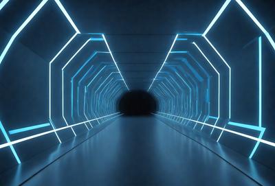 The primary subject of the image is a long, narrow tunnel with a blue light illuminating it. The setting is a dark, enclosed space, and the visual style appears to be a digital art or illustration. The dominant colors are blue and black, creating a moody atmosphere.