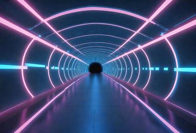 The primary subject of the image is a long, narrow tunnel with a blue light illuminating it. The tunnel appears to be made of concrete and is surrounded by a blue light that creates a unique atmosphere. The setting is a tunnel, and the visual style is a combination of a photo and digital art, giving the image a futuristic and surreal appearance. The colors and mood of the image are predominantly blue, creating a sense of depth and mystery.