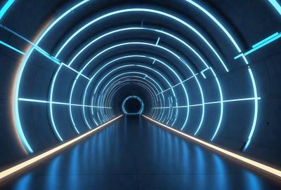 The primary subject of the image is a tunnel with a blue light illuminating it. The tunnel appears to be a futuristic, high-tech environment. The setting is a dark, enclosed space with a blue light illuminating the tunnel. The visual style of the image is a futuristic, high-tech illustration. The dominant colors are blue and black, creating a futuristic and high-tech atmosphere.