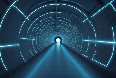The primary subject of the image is a long, narrow tunnel with a blue light illuminating it. The tunnel appears to be a part of a futuristic city, as it is surrounded by a blue-lit environment. The setting suggests a sense of depth and an otherworldly atmosphere. The visual style of the image is a combination of photo and digital art, creating a unique and captivating scene. The dominant colors in the image are blue and white, which contribute to the futuristic and otherworldly mood.