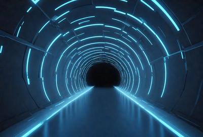 The primary subject of the image is a tunnel with a blue light illuminating it. The setting is a dark tunnel, and the visual style is a digital art or illustration. The dominant colors are blue and black, creating a moody atmosphere.
