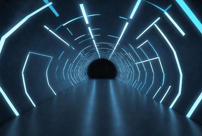 The primary subject of the image is a tunnel with a blue light illuminating it. The setting is a dark tunnel, and the visual style appears to be a digital art or illustration. The dominant colors in the image are blue and black, creating a moody atmosphere.