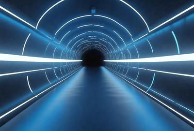 The primary subject of the image is a long, narrow, and brightly lit tunnel. The setting is a dark tunnel with a blue light illuminating the space. The visual style is a digital art or illustration, creating a futuristic and surreal atmosphere. The dominant colors are blue and white, with the blue light creating a sense of depth and the white light reflecting off the tunnel walls.