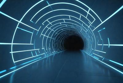 The primary subject of the image is a tunnel with a blue light illuminating it. The setting is a dark tunnel, and the visual style appears to be a digital art or illustration. The dominant colors are blue and black, creating a moody atmosphere.