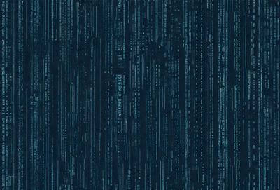 The primary subject of the image is a blue carpet with a pattern of binary code. The setting is a room with a blue background. The visual style is a digital art or illustration, as the carpet is designed to resemble a computer code. The dominant colors are blue and black, creating a modern and sophisticated atmosphere.