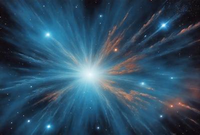 The primary subject of the image is a bright blue nebula, which is a cloud of gas and dust in space. The setting is a dark, starry sky, with the nebula being the main focus of the image. The visual style is a combination of a photo and digital art, creating a vibrant and dynamic scene. The dominant colors are blue and purple, giving the image a serene and celestial atmosphere.
