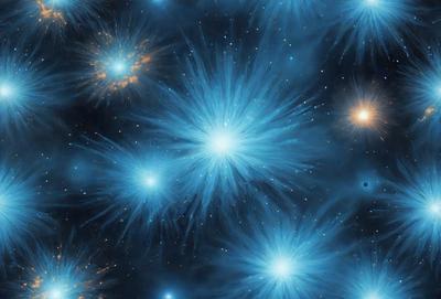 The primary subject of the image is a blue background with a pattern of bright blue stars. The setting appears to be a night sky, with the stars being the main focus of the image. The visual style is a combination of digital art and illustration, creating a vibrant and lively atmosphere. The colors and mood of the image are predominantly blue, with the stars providing a sense of depth and beauty.
