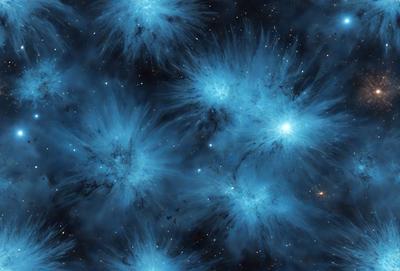 The primary subject of the image is a blue nebula, which is a cloud of gas and dust in space. The setting is a dark, starry sky, with the nebula being the main focus of the image. The visual style is a combination of a photo and digital art, creating a unique and captivating representation of the nebula. The dominant colors are blue and black, giving the image a dramatic and serene atmosphere.