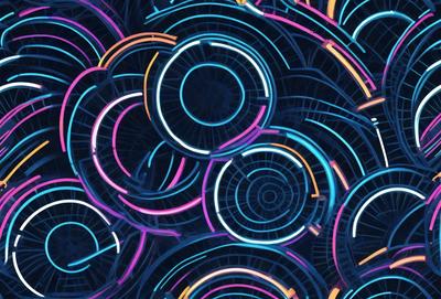 The primary subject of the image is a pattern of circles with neon colors. The setting is a dark background, which contrasts with the brightly lit circles. The visual style is a combination of digital art and illustration, creating a unique and eye-catching design. The dominant colors are neon pink, blue, and yellow, giving the image a vibrant and energetic mood.