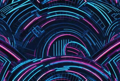 The primary subject of the image is a colorful, neon-lit pattern. The setting is a dark background, which contrasts with the bright colors of the pattern. The visual style is a combination of digital art and illustration, creating a vibrant and dynamic scene. The dominant colors are pink, blue, and purple, giving the image a lively and energetic atmosphere.