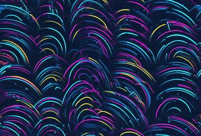 The primary subject of the image is a colorful, swirling pattern that resembles a neon light or a kaleidoscope. The setting is a dark background, which contrasts with the vibrant colors of the pattern. The visual style is a combination of digital art and illustration, creating a unique and eye-catching design. The dominant colors are blue, purple, and yellow, which contribute to a lively and energetic atmosphere.
