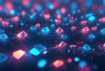 The primary subject of the image is a collection of colorful, geometric shapes, which are displayed in a visually appealing manner. The shapes are arranged in a pattern, creating a sense of depth and complexity. The setting is a dark background, which contrasts with the vibrant colors of the shapes. The visual style of the image is a combination of digital art and illustration, with the shapes appearing to be both 3D and 2D. The dominant colors in the image are blue, pink, and purple,