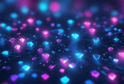 The primary subject of the image is a collection of colorful, lighted diamond shapes. These diamonds are arranged in a visually appealing manner, creating a vibrant and lively scene. The setting is a dark background, which contrasts with the bright colors of the diamonds. The visual style of the image is a combination of digital art and illustration, giving it a unique and eye-catching appearance. The dominant colors in the image are blue, pink, and purple, which contribute to the overall m
