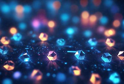 The primary subject of the image is a collection of colorful, glowing, and shiny geometric shapes, such as cubes and diamonds, arranged in a visually appealing manner. The setting is a dark background, which contrasts with the bright colors of the shapes. The visual style is a combination of digital art and illustration, creating a vibrant and dynamic scene. The colors and mood of the image are predominantly blue and purple, giving it a cool and calming atmosphere.