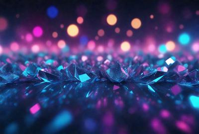 The primary subject of the image is a large number of blue crystals or gems, which are scattered throughout the scene. The setting appears to be a dark, colorful background, possibly a night sky or a futuristic environment. The visual style of the image is a combination of photo and digital art, creating a unique and captivating scene. The dominant colors in the image are blue and purple, giving the scene a vibrant and luminous atmosphere.