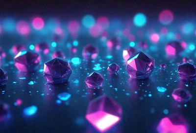 The primary subject of the image is a collection of colorful, geometric shapes, which appear to be made of glass or crystal. These shapes are arranged in a visually appealing manner, creating a sense of depth and dimension. The setting is a dark background, which contrasts with the vibrant colors of the shapes. The visual style of the image is a combination of digital art and illustration, with the shapes appearing to be both realistic and artistic. The dominant colors in the image are purple, blue, and p