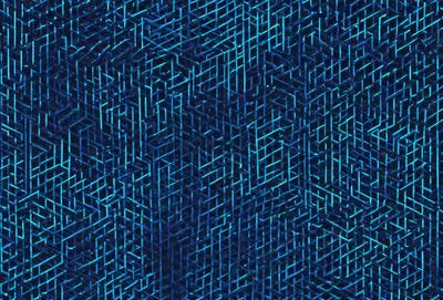 The primary subject of the image is a blue and black patterned fabric. The setting is a blue background, and the visual style appears to be a digital art or illustration. The colors and mood of the image are predominantly blue and black, creating a modern and sophisticated atmosphere.