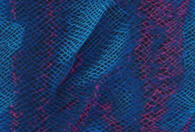 The primary subject of the image is a blue and pink patterned fabric. The setting is a close-up of the fabric, showcasing its intricate design. The visual style is a combination of digital art and illustration, creating a vibrant and eye-catching pattern. The dominant colors are blue and pink, giving the image a lively and energetic atmosphere.