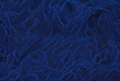 The primary subject of the image is a blue mesh fabric, which is the main object, scene, or focus of the image. The setting or background consists of a blue mesh fabric, which is the primary subject. The visual style of the image is a photo, as it is a close-up of the blue mesh fabric. The dominant colors and overall atmosphere of the image are blue and dark, creating a moody and mysterious ambiance.