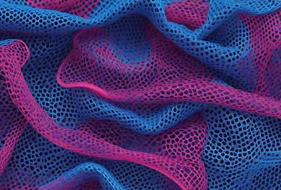 The primary subject of the image is a blue and pink mesh fabric. The setting is a close-up view of the fabric, showcasing its intricate design. The visual style is a combination of digital art and illustration, creating a unique and eye-catching pattern. The dominant colors are blue and pink, giving the image a vibrant and lively atmosphere.