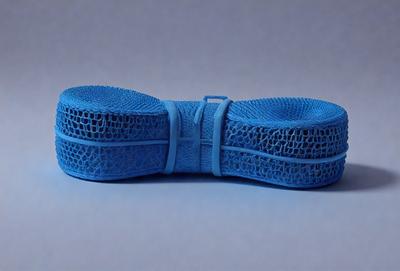 The primary subject of the image is a blue mesh bag. The setting is a blue background, which creates a contrast with the bag. The visual style is a photo, and the colors and mood are predominantly blue, giving the image a calm and serene atmosphere.