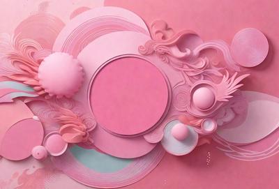 The primary subject of the image is a pink circle, which is the main focus of the scene. The circle is surrounded by various other shapes and designs, creating a visually interesting and artistic composition. The setting appears to be a pink background, which adds to the overall mood and aesthetic of the image. The visual style of the image is a combination of digital art and illustration, with the use of different shapes and colors to create a unique and eye-catching design.
