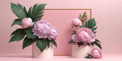 The primary subject of the image is a bouquet of flowers, which are displayed in three vases. The flowers are pink and purple, creating a beautiful and elegant arrangement. The setting is a pink wall, which serves as a striking backdrop for the flowers. The visual style of the image is a combination of photo and digital art, creating a realistic yet artistic representation of the flowers. The colors and mood of the image are predominantly pink and purple, evoking a sense of warmth, love