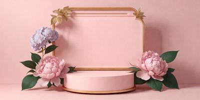 The primary subject of the image is a pink frame with a gold border, which is adorned with flowers. The setting is a pink background, and the visual style is a combination of photo and digital art. The dominant colors are pink and gold, creating a warm and inviting atmosphere.