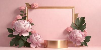 The primary subject of the image is a pink frame with a gold border, which is adorned with pink flowers. The setting is a pink background, and the visual style is a photo. The colors and mood of the image are predominantly pink, creating a warm and inviting atmosphere.