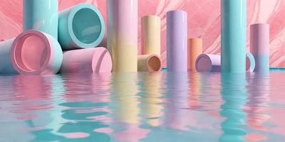 The primary subject of the image is a group of colorful plastic tubes floating in a pool of water. The tubes are in various shapes and sizes, creating a visually interesting scene. The setting is a swimming pool, and the visual style appears to be a combination of a photo and digital art. The dominant colors in the image are pink, blue, and purple, giving the scene a vibrant and lively atmosphere.