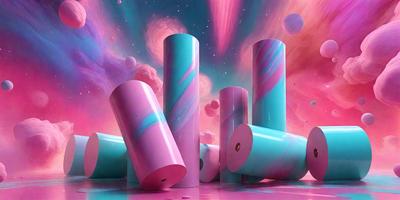The primary subject of the image is a collection of colorful, cylindrical objects, which appear to be made of paper or plastic. They are arranged in a visually appealing manner, with some of them standing upright and others lying on their sides. The setting is a pink background, which adds a vibrant and playful atmosphere to the scene. The visual style of the image is a combination of digital art and illustration, creating a unique and eye-catching design. The colors and mood of the