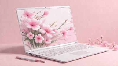The primary subject of the image is a laptop computer with a pink flower design on its screen. The laptop is placed on a pink surface, which adds to the overall color scheme of the image. The visual style of the image is a combination of digital art and illustration, as the flower design on the laptop screen is a creative and artistic element. The colors and mood of the image are predominantly pink, which gives the scene a warm and inviting atmosphere.