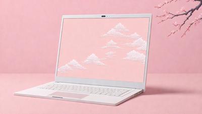 The primary subject of the image is a laptop computer. The laptop is open and features a pink background with clouds and mountains on the screen. The setting is a table, and the visual style is a combination of digital art and illustration. The colors and mood of the image are predominantly pink, creating a warm and inviting atmosphere.