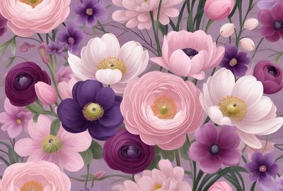 The primary subject of the image is a beautiful bouquet of pink and purple flowers. The flowers are arranged in a vase, creating a visually appealing scene. The setting is a garden, with a purple background that adds to the overall atmosphere. The visual style of the image is a painting, which showcases the artist's skill in capturing the beauty of the flowers. The colors and mood of the image are predominantly pink and purple, evoking a sense of warmth and elegance.