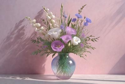 The primary subject of the image is a vase filled with a variety of flowers, including purple and white flowers. The vase is placed on a table, and the flowers are arranged in a visually appealing manner. The setting is indoors, with a pink wall in the background. The visual style of the image is a close-up of the vase and flowers, showcasing the details of the arrangement. The colors and mood of the image are predominantly warm and inviting, with the purple