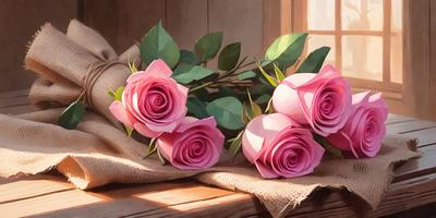 The primary subject of the image is a bouquet of pink roses. The setting is a wooden table, and the visual style is a painting. The dominant colors are pink and brown, creating a warm and inviting atmosphere.