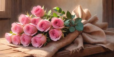 The primary subject of the image is a bouquet of pink roses. The setting is a table with a brown tablecloth, and the visual style is a painting. The dominant colors are pink and brown, creating a warm and inviting atmosphere.