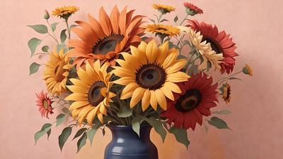 The primary subject of the image is a vase filled with a variety of sunflowers. The vase is placed on a table, and the sunflowers are arranged in a visually appealing manner. The setting is indoors, with a pink background that complements the vibrant colors of the sunflowers. The visual style is a painting, which adds a sense of artistic expression to the scene. The dominant colors are orange and yellow, creating a warm and cheerful atmosphere.