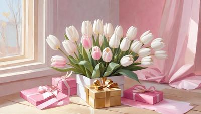 The primary subject of the image is a bouquet of pink and white tulips arranged in a box. The setting is a table with a pink background, and the visual style is a painting. The colors and mood of the image are predominantly pink, creating a warm and inviting atmosphere.