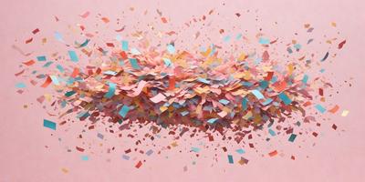 The primary subject of the image is a colorful, swirling mass of confetti. The confetti is scattered across a pink background, creating a vibrant and lively atmosphere. The visual style of the image is a combination of photo and digital art, as it captures the movement and texture of the confetti. The dominant colors in the image are pink, blue, yellow, and orange, which contribute to the festive and joyful mood of the scene.