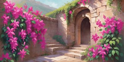 The primary subject of the image is a stone staircase with a vine growing up the side. The setting is a stone building with a doorway, and the visual style is an illustration. The colors and mood of the image are predominantly pink, with the vibrant flowers and the warm tones of the stone creating a serene and inviting atmosphere.
