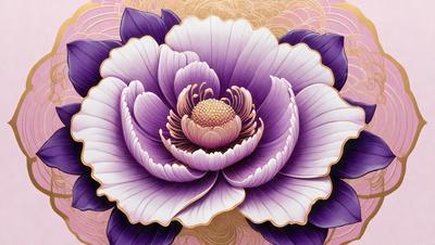The primary subject of the image is a purple flower with a yellow center, which is the focal point of the scene. The setting is a pink background, which adds a contrasting color to the overall composition. The visual style of the image is a painting, which showcases the artist's skill in creating a realistic and vibrant representation of the flower. The dominant colors in the image are purple and pink, creating a serene and calming atmosphere.