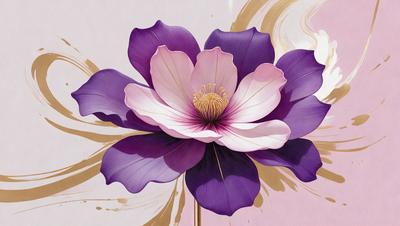 The primary subject of the image is a purple flower with a yellow center, which is the focal point of the scene. The setting is a pink background, which adds a contrasting color to the image. The visual style is a combination of digital art and illustration, creating a vibrant and detailed representation of the flower. The dominant colors are purple and pink, giving the image a calm and serene atmosphere.