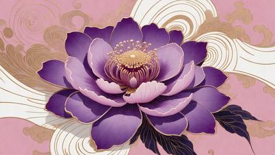 The primary subject of the image is a purple flower with a gold center, which is the main focus of the image. The setting is a pink background, which adds a contrasting color to the scene. The visual style of the image is a combination of digital art and illustration, creating a vibrant and detailed representation of the flower. The dominant colors in the image are purple and gold, giving the image a rich and elegant appearance.