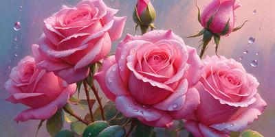 The primary subject of the image is a bouquet of pink roses. The setting is a garden, with the roses placed on a bed of green leaves. The visual style is a painting, which creates a vibrant and lush atmosphere. The dominant colors are pink and green, with the pink roses being the main focus of the scene.