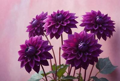 The primary subject of the image is a group of purple flowers, which are the main focus of the scene. The flowers are arranged in a vase, and they are placed on a pink surface, creating a visually appealing contrast between the purple flowers and the pink background. The visual style of the image is a close-up of the flowers, showcasing their details and beauty. The colors and mood of the image are predominantly purple and pink, giving the scene a warm and inviting atmosphere